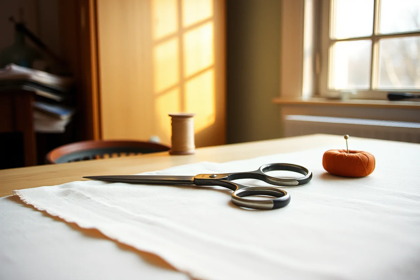 Bent-handle shears cutting fabric flat on a workroom table. How to equip a repair workroom for hours, not minutes