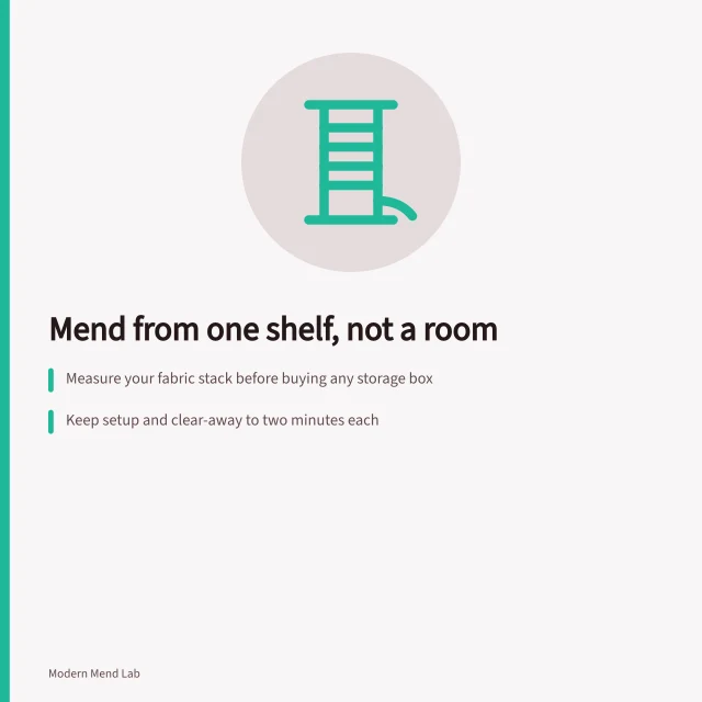 Small mending setup with one shelf, covered board, and closed kit box. Creative mending in a small space: a shelf, not a spare room