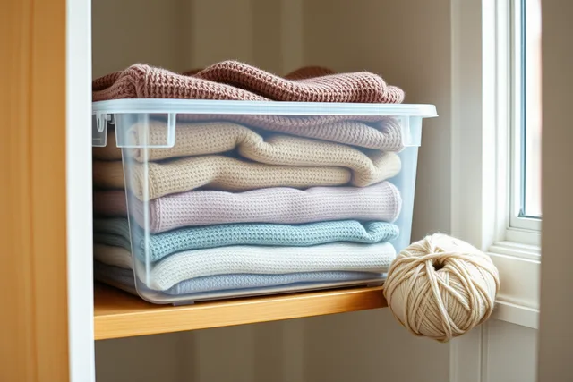 Sealed storage box holding folded wool sweaters on a shelf. Which moth-control habits actually protect a small sweater mending setup?