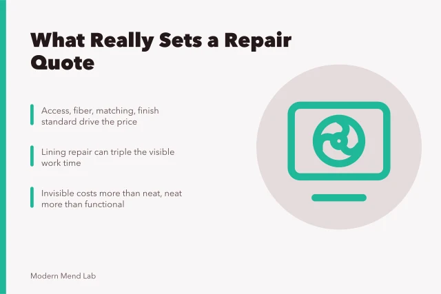 Card explaining four variables that determine clothing repair pricing. Clothing repair pricing, guided without the made-up numbers