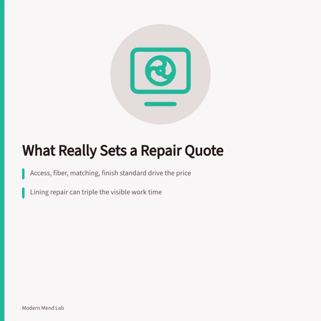 Card explaining four variables that determine clothing repair pricing. Clothing repair pricing, guided without the made-up numbers
