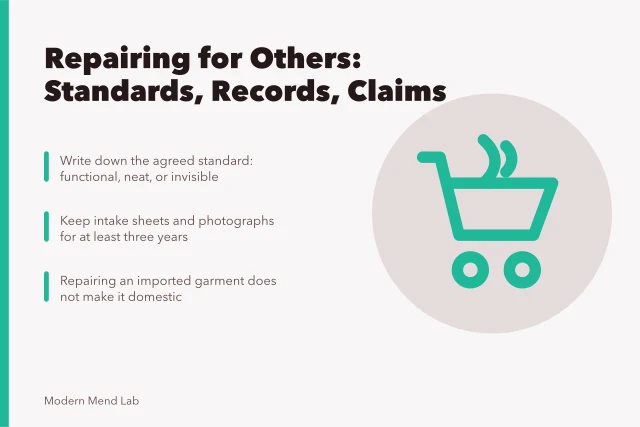 Card on repair standards, three-year record retention, and origin claims. What changes when you repair clothes for other people: the parts worth your time