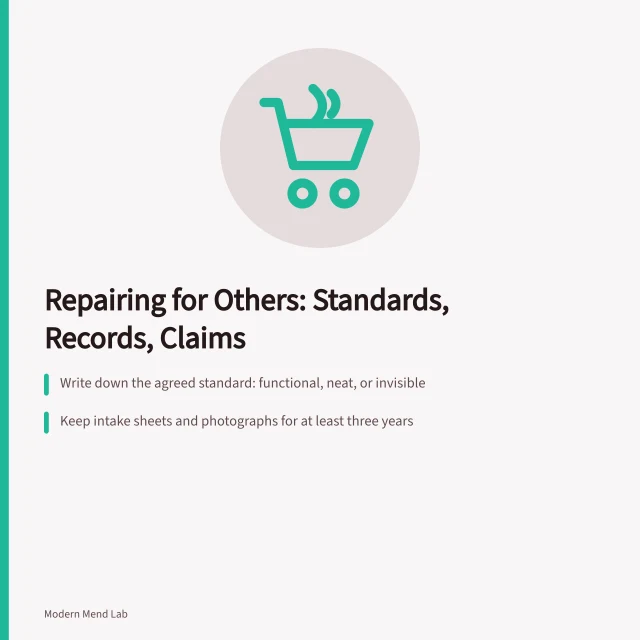Card on repair standards, three-year record retention, and origin claims. What changes when you repair clothes for other people: the parts worth your time