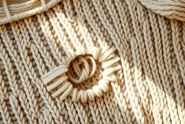 Close-up of a hand sewing a Swiss darn on a knitted wool sweater. How to mend a sweater from the first stitch to the final block