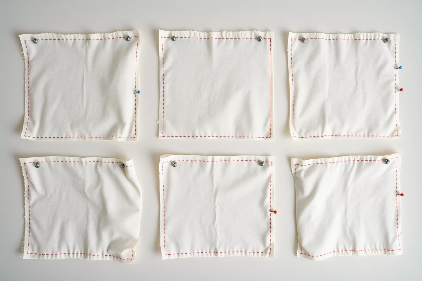 Six fabric squares with pinned four-inch reference lines, three treated, three untreated. 4 things the garment repair case studies teach