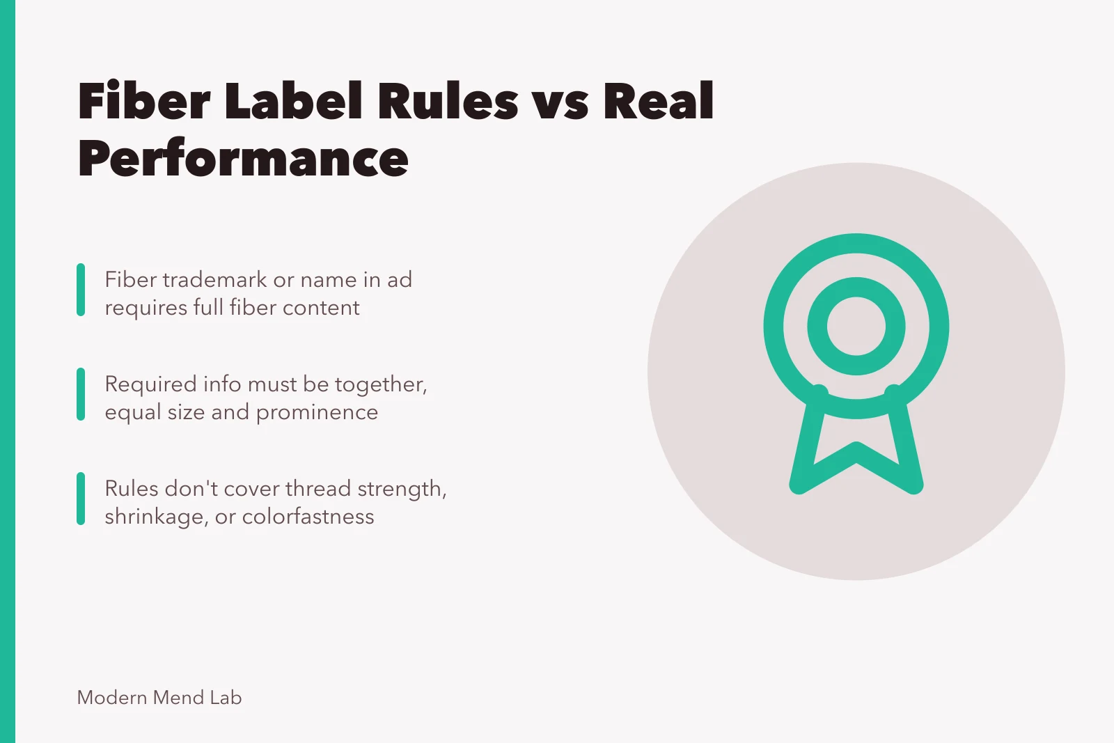 Card summarizing fiber advertising rules and performance testing. 4 honest notes on mending tools and supplies makers