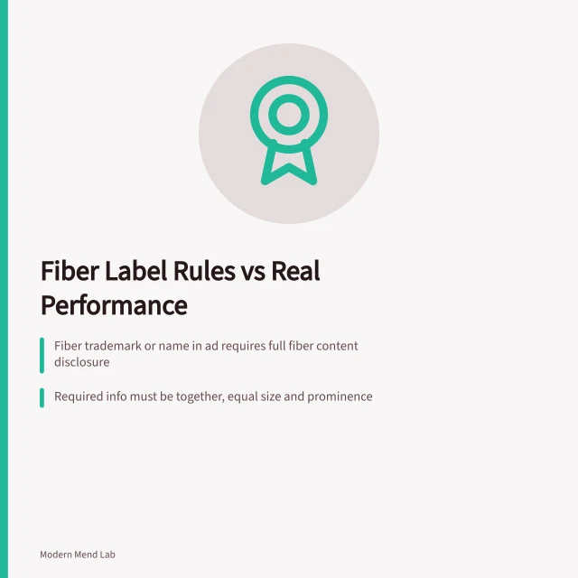 Card summarizing fiber advertising rules and performance testing. 4 honest notes on mending tools and supplies makers