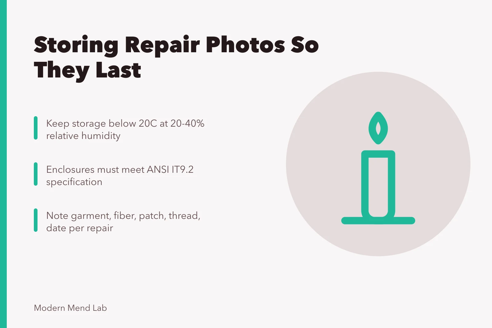Card about storing repair photographs in cool, dry, dark conditions. Keeping a photographic record of repairs that lasts
