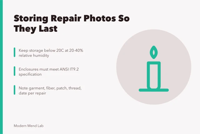 Card about storing repair photographs in cool, dry, dark conditions. Keeping a photographic record of repairs that lasts