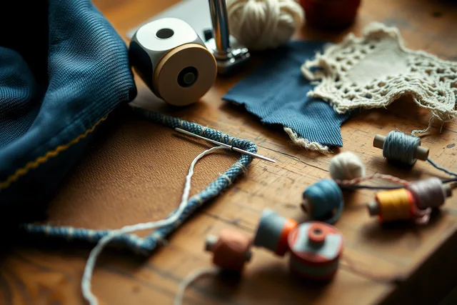 Needle and thread stitching a denim patch beside spools and cloth scraps. A mending cost guide: what supplies actually cost per repair