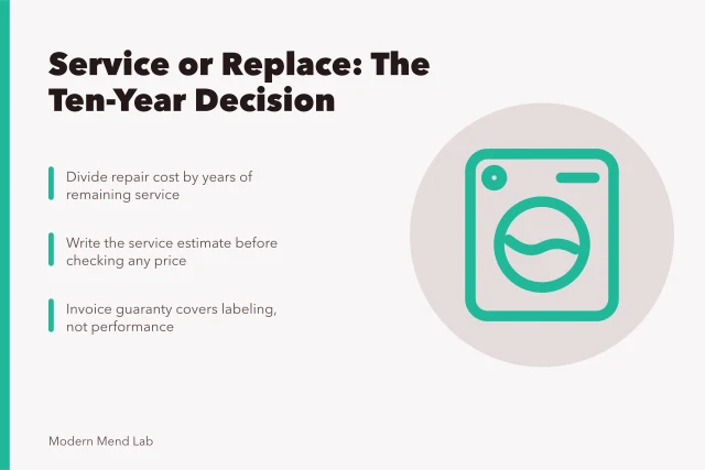 Card comparing repair cost per year against buying new. Deciding whether to service or replace a mending tool after ten years