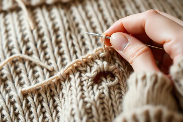 Needle and wool yarn darning a hole in a knitted sweater. 4 things worth knowing about costing sweater repair