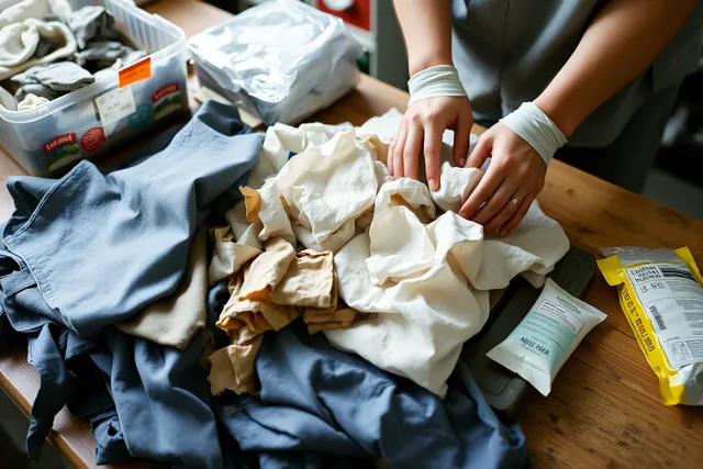Hands sorting mildewed fabric with sealed storage box and desiccant sachet. 4 honest notes on visible mending mistakes