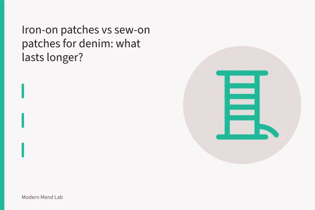 Sew-on patch stitched onto worn denim jeans with needle and thread. Iron-on patches vs sew-on patches for denim: what lasts longer?