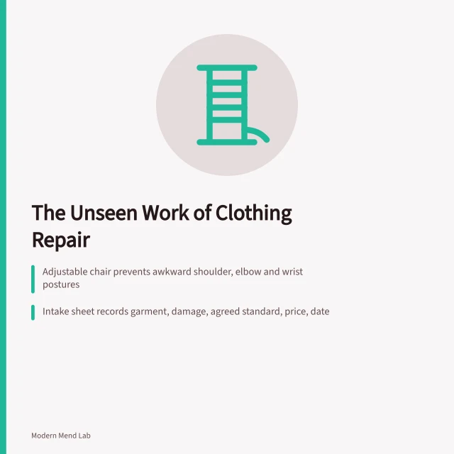 Card summarizing clothing repair business: workstation design, intake records, advertising rules. Running a small clothing repair studio involves more than sewing