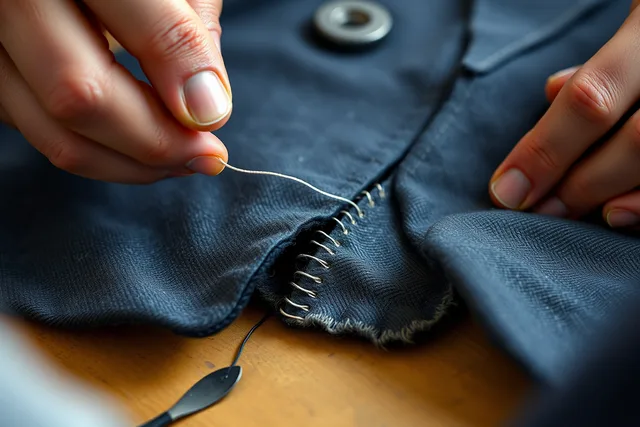 Hands reweaving a torn wool jacket with needle and matching thread. How do Montreal tailors price invisible mending by the inch?
