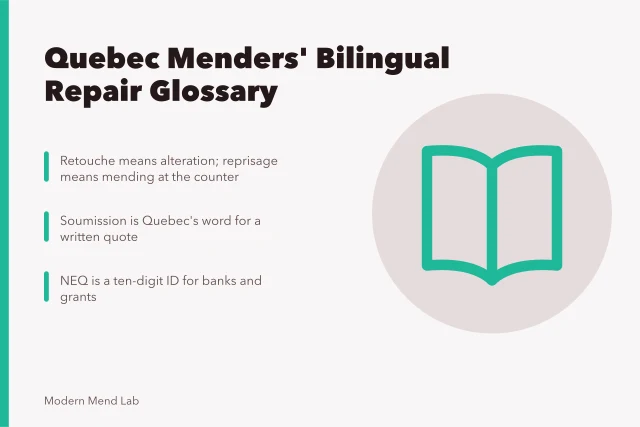 Bilingual glossary card for Quebec menders' French and English repair terms. How Quebec menders handle bilingual repair resources and French terms