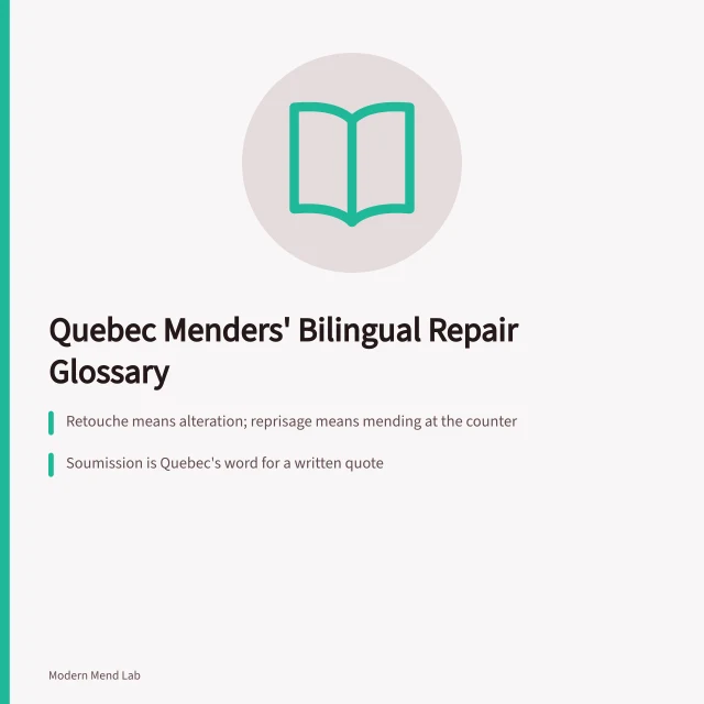 Bilingual glossary card for Quebec menders' French and English repair terms. How Quebec menders handle bilingual repair resources and French terms