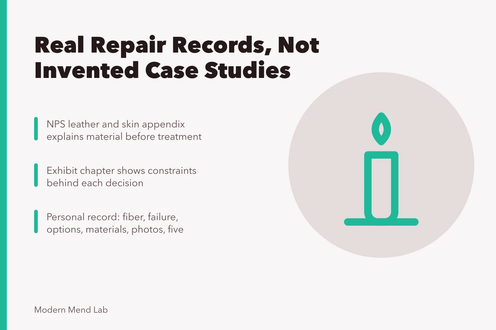 Card about conservation documentation as real repair evidence. Documented repair work versus invented case studies: where the real evidence lives