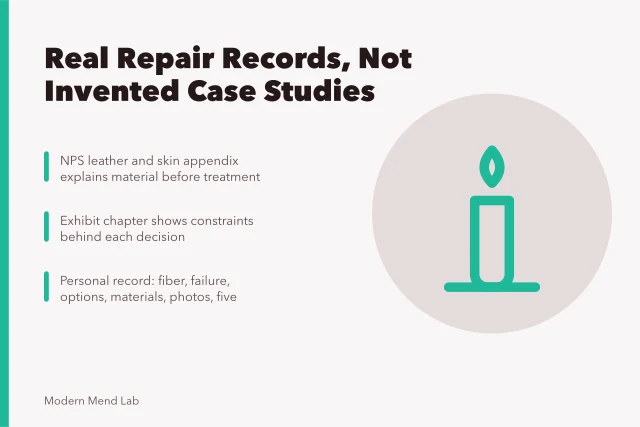 Card about conservation documentation as real repair evidence. Documented repair work versus invented case studies: where the real evidence lives