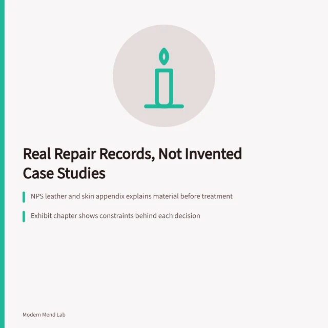 Card about conservation documentation as real repair evidence. Documented repair work versus invented case studies: where the real evidence lives