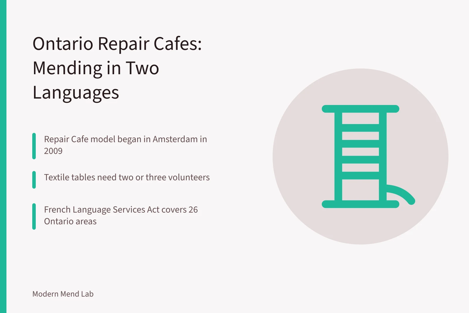 Card about Ontario repair cafes, bilingual mending glossary and textile volunteers. Repair Cafes in Ontario: How English and French Menders Share One Toolkit