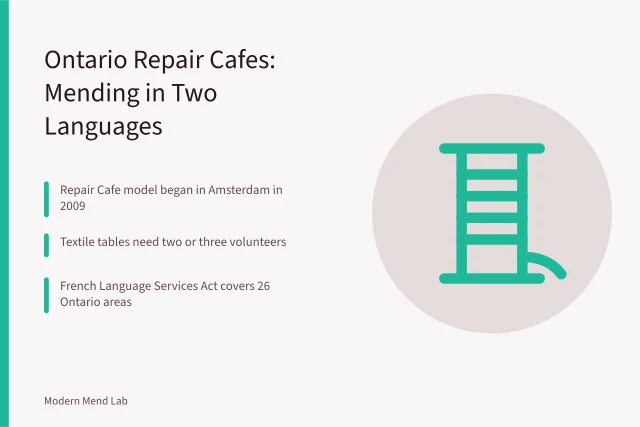 Card about Ontario repair cafes, bilingual mending glossary and textile volunteers. Repair Cafes in Ontario: How English and French Menders Share One Toolkit