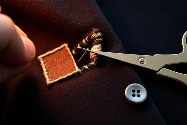 Needle stitching a torn buttonhole lip on a navy wool coat. How to repair a torn buttonhole on a wool coat