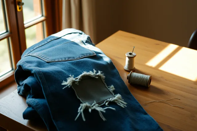 Hands stitching a fabric patch over a worn hole in denim jeans with needle and thread. Visible mending: what a beginner should know before the first repair