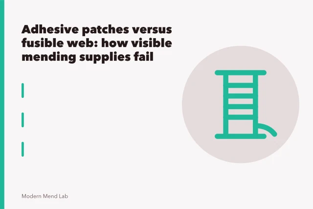 Iron-on adhesive patch lifting at one corner, leaving sticky residue on fabric. Adhesive patches versus fusible web: how visible mending supplies fail