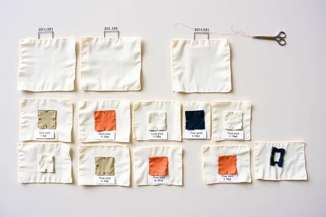 Labeled cotton practice squares with hand-sewn repairs, needle and thread beside them. Learning to mend without repeating the same mistake in 2027
