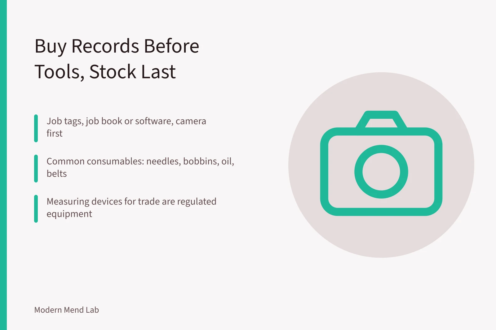 Purchase order stages for a sewing repair business, records before tools before stock. Opening purchases for a sewing repair business: records and tagging before tools