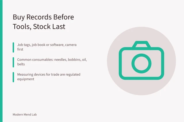 Purchase order stages for a sewing repair business, records before tools before stock. Opening purchases for a sewing repair business: records and tagging before tools