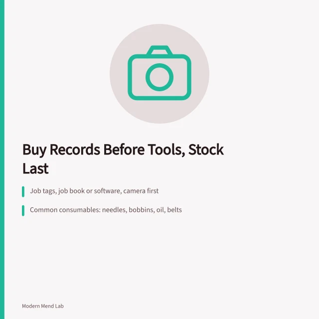 Purchase order stages for a sewing repair business, records before tools before stock. Opening purchases for a sewing repair business: records and tagging before tools