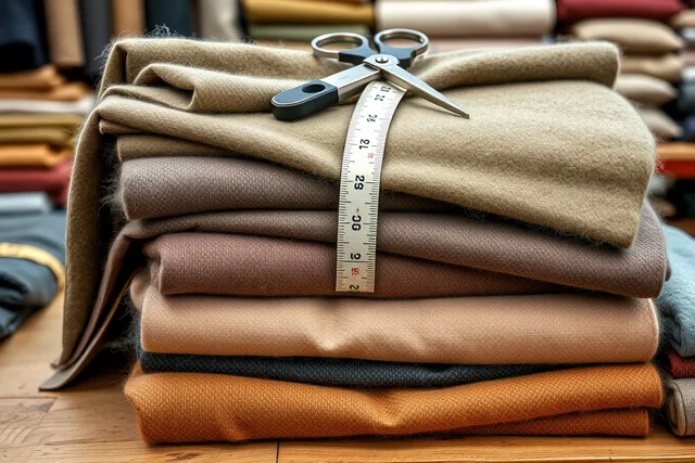 Bolts of deadstock wool fabric stacked for measuring and cutting. Where to buy deadstock wool in Vancouver and Toronto