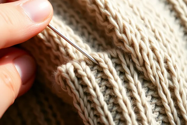 Blunt darning needle rebuilding frayed wool sweater cuff with duplicate stitch. Winnipeg sweater repair, cold climate and textile recycling programmes