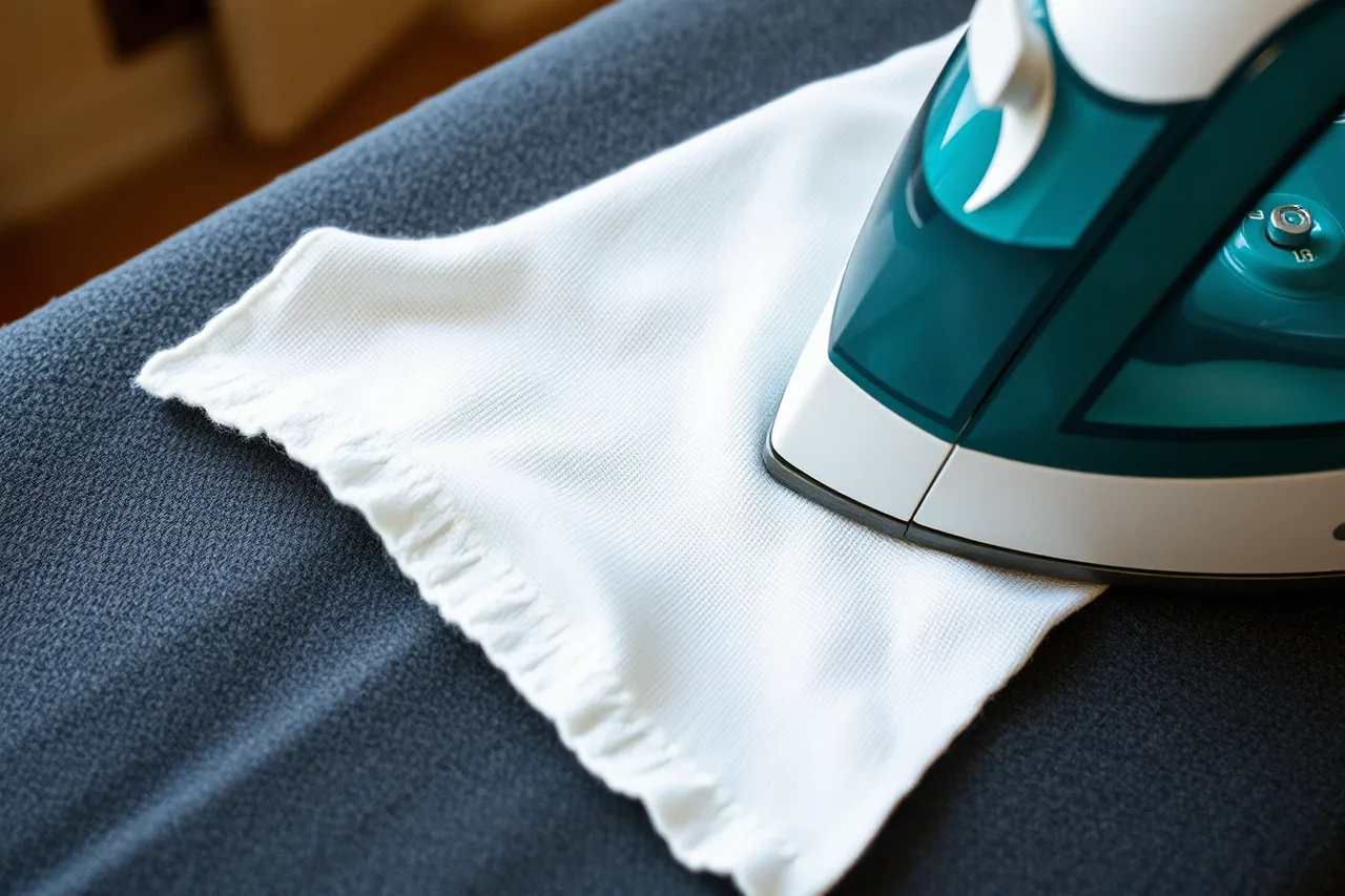 Cotton pressing cloth between iron and wool garment on ironing board (First clothing repair kit contents: what belongs, and what does not)