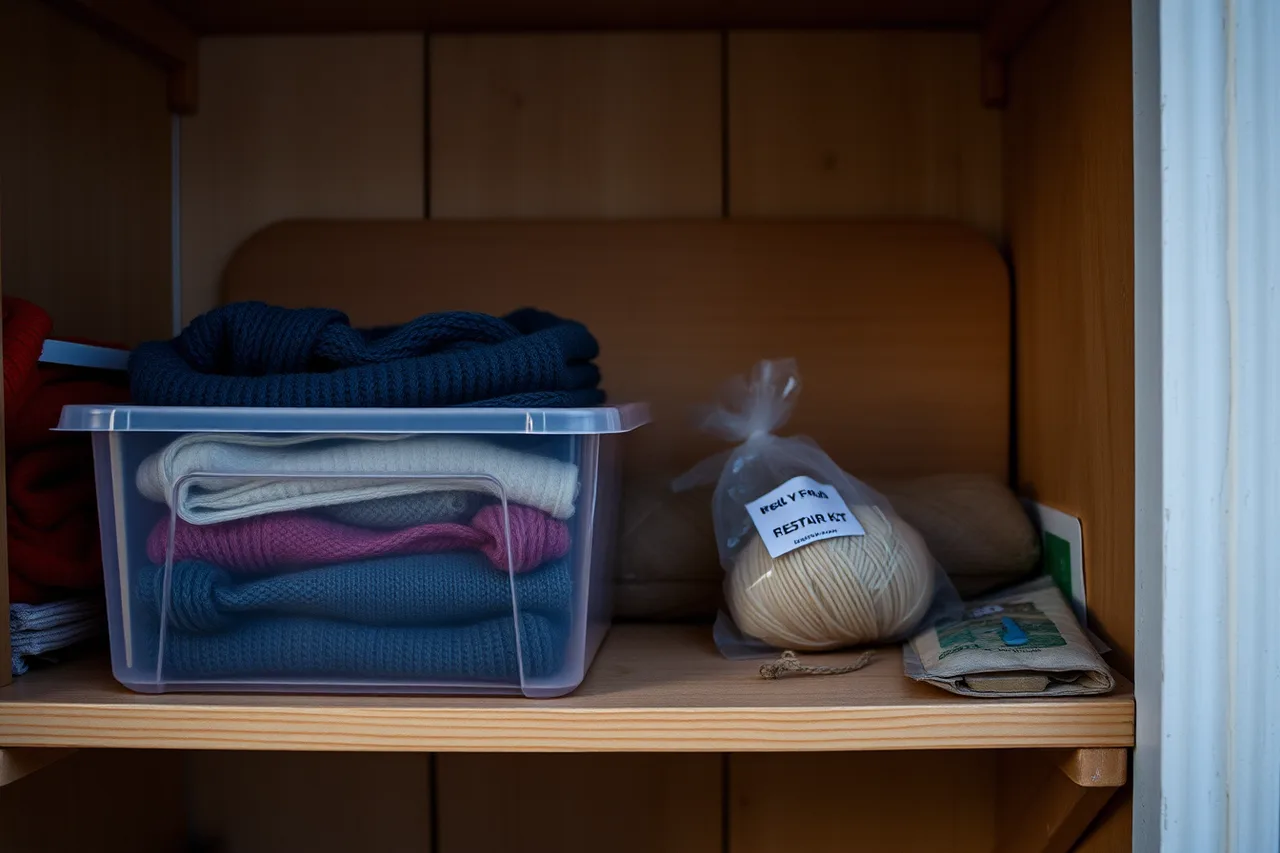Shelf with sealed wool box, yarn bag, scrap box, repair kit and inspection note (Which moth-control habits actually protect a small sweater mending setup?)