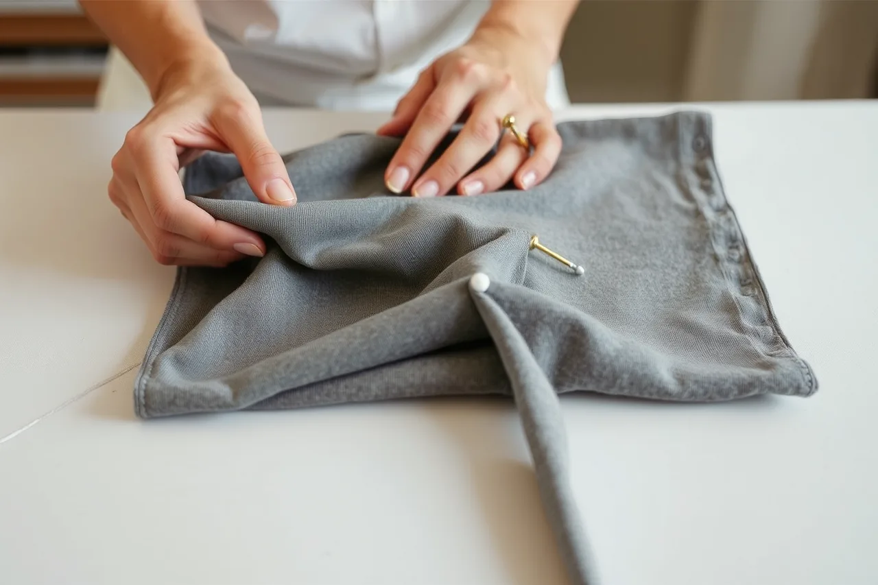 Hands stretching knit fabric with pins marking a four-inch section (A weekend practice plan for learning visible mending: the 2027 view)
