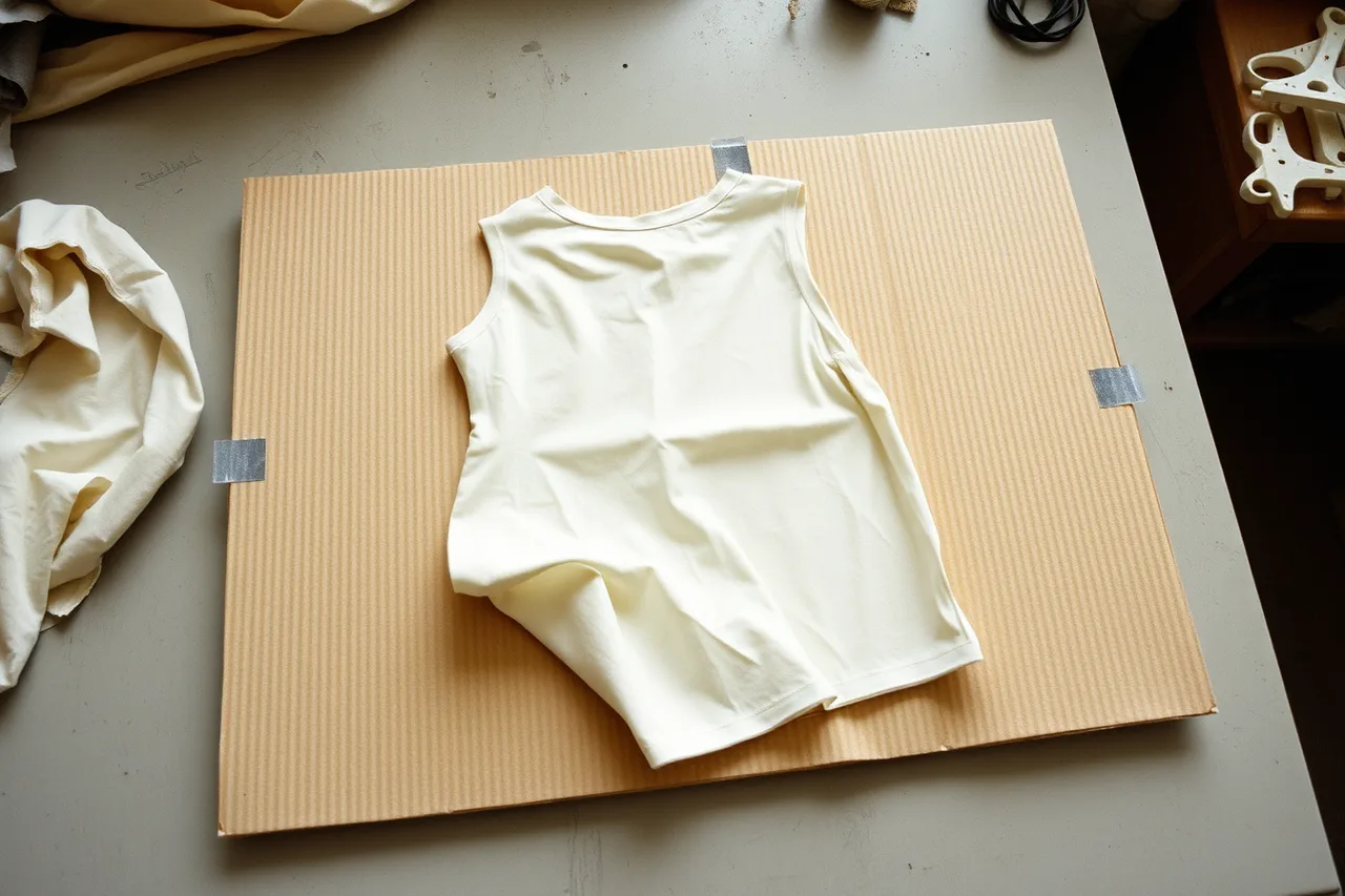Padded support board wrapped in washed cotton with garment on top (Work surfaces for creative mending, compared by light and height)
