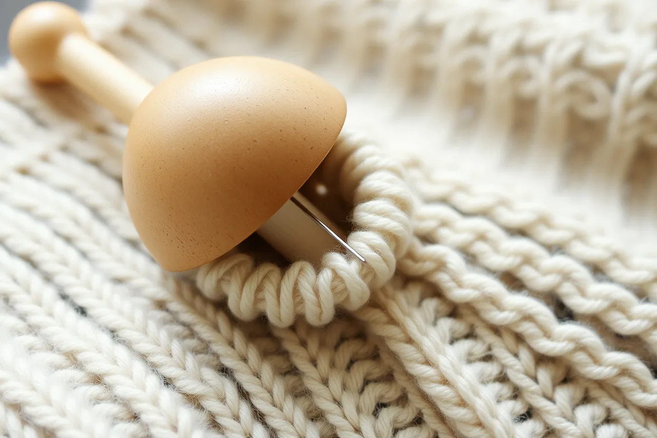 Darning mushroom holding a knit sweater flat under a hole (Hoop versus flat support for sweater mending, compared honestly)