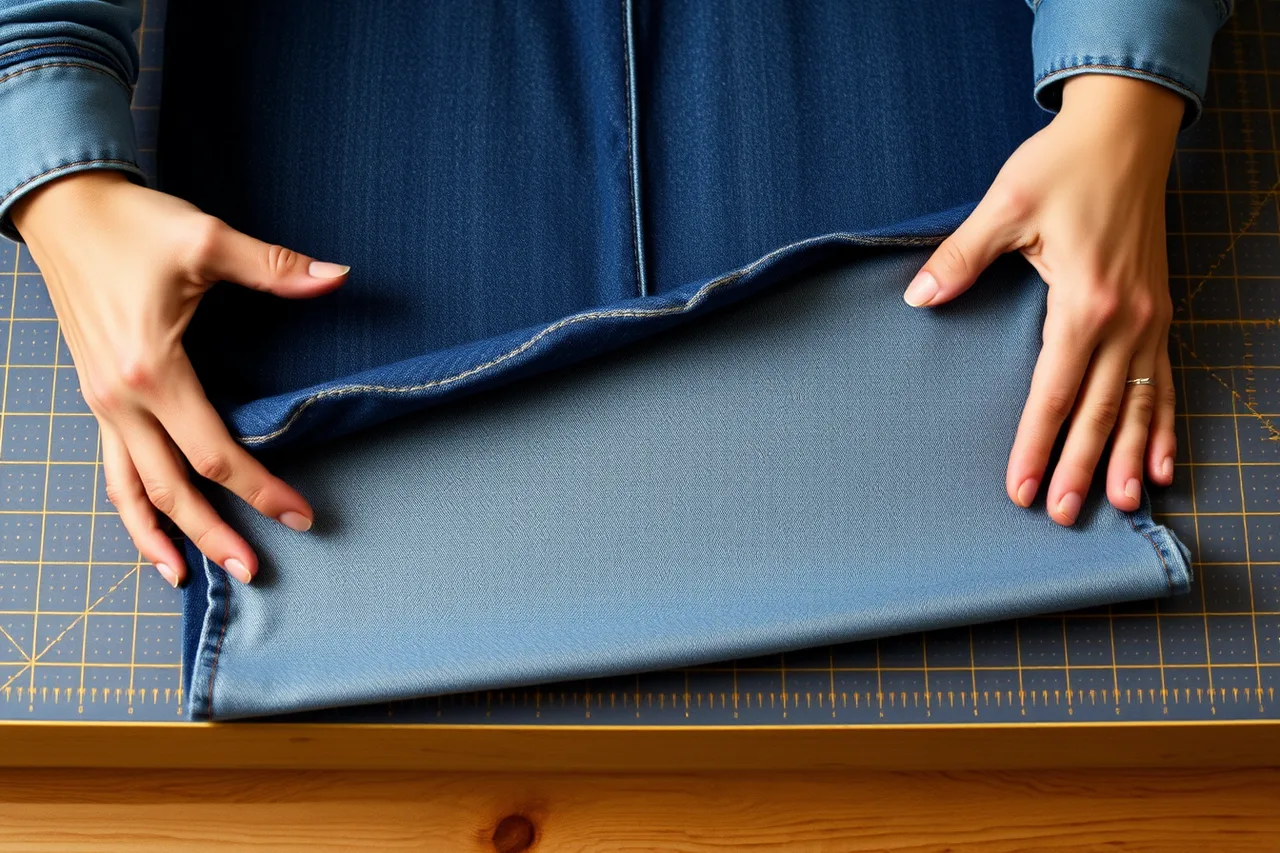 Hands stretching stretch denim and rigid denim to compare give (Picking patch denim and thread for a jeans repair)
