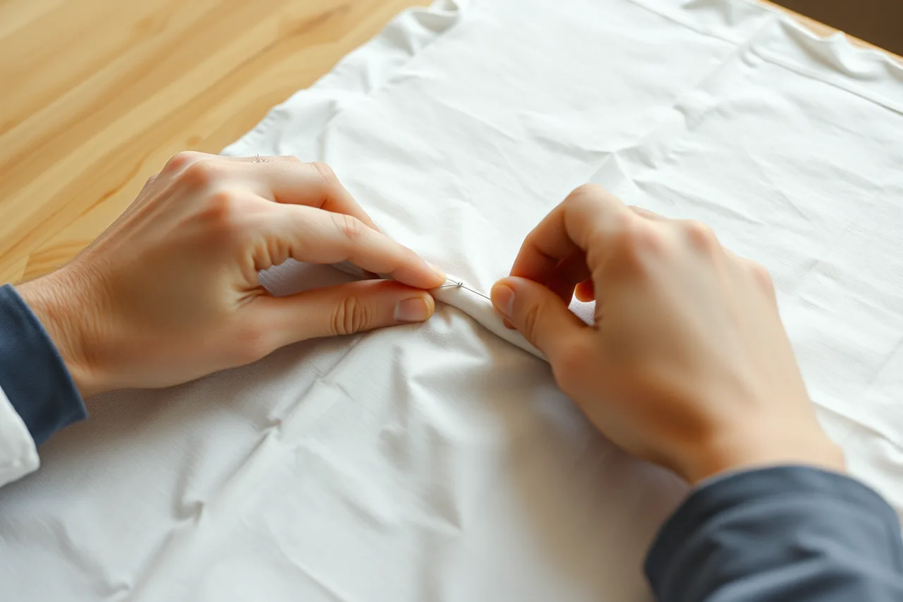Hands backstitching a straight seam joining two rectangles of old sheet fabric (5 clothing repair exercises, each one isolating a single technique)