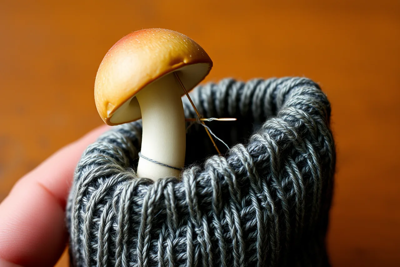 Darning mushroom under a sock hole with needle and thread (Needles, hoops and thread for visible mending, compared by type not brand)